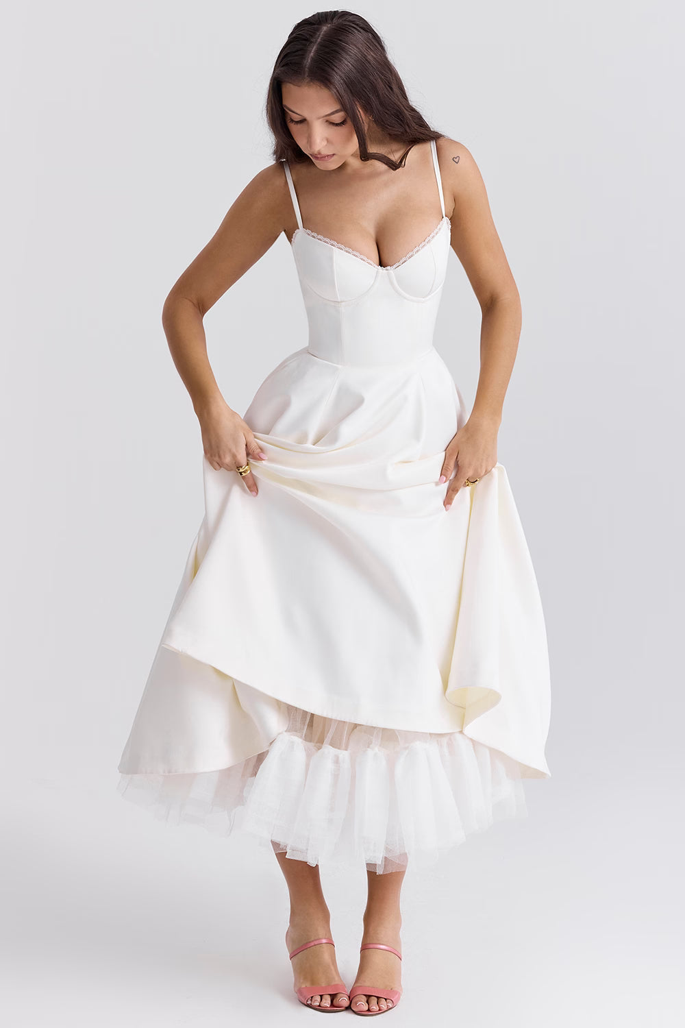 Strapless Midi Dress Flared Skirt Elegant Fit and Flare Style
