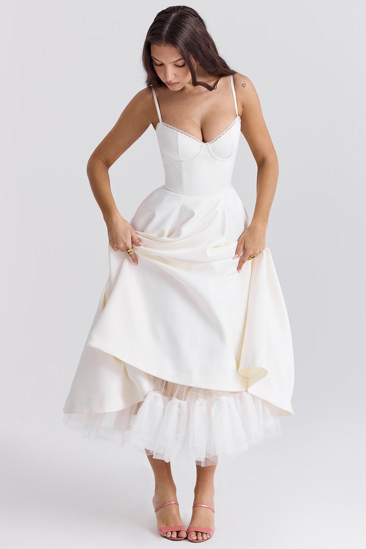 Strapless Midi Dress Flared Skirt Elegant Fit and Flare Style