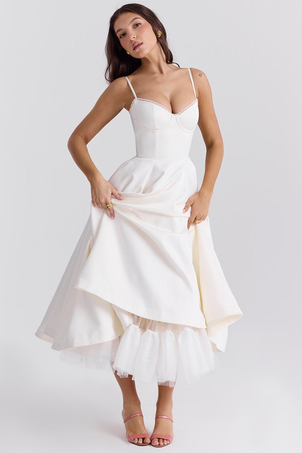 Strapless Midi Dress Flared Skirt Elegant Fit and Flare Style