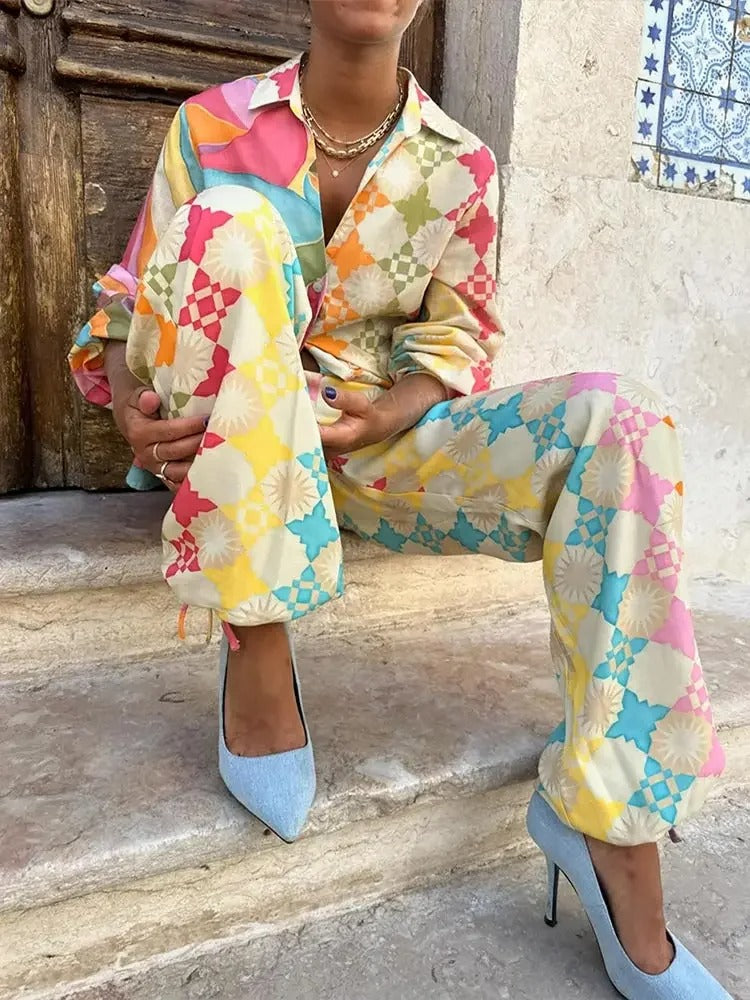 Two Piece Set Geometric Print Shirt Wide Leg Trousers Resort Style