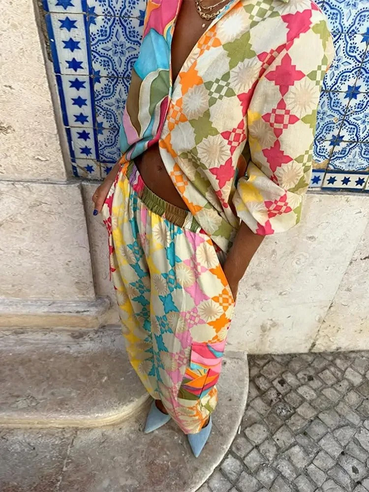 Two Piece Set Geometric Print Shirt Wide Leg Trousers Resort Style