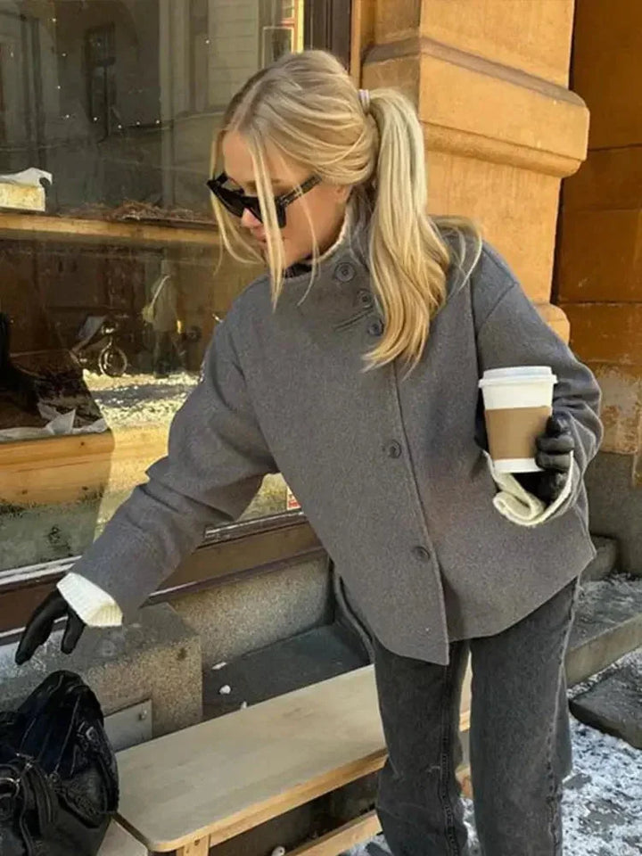 Womens High Neck Jacket with Button Front and Relaxed Fit
