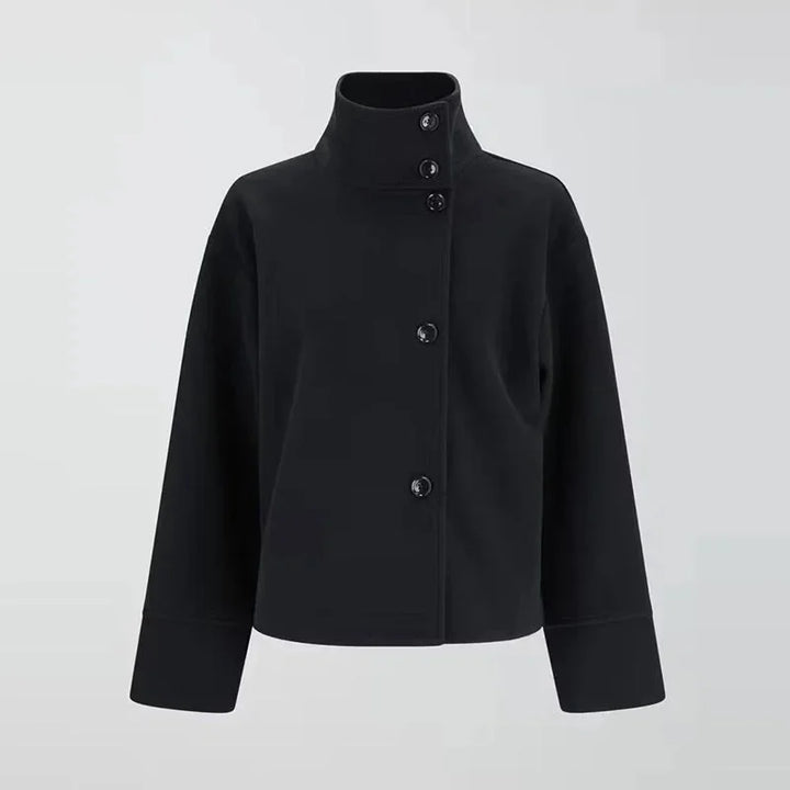 Womens High Neck Jacket with Button Front and Relaxed Fit
