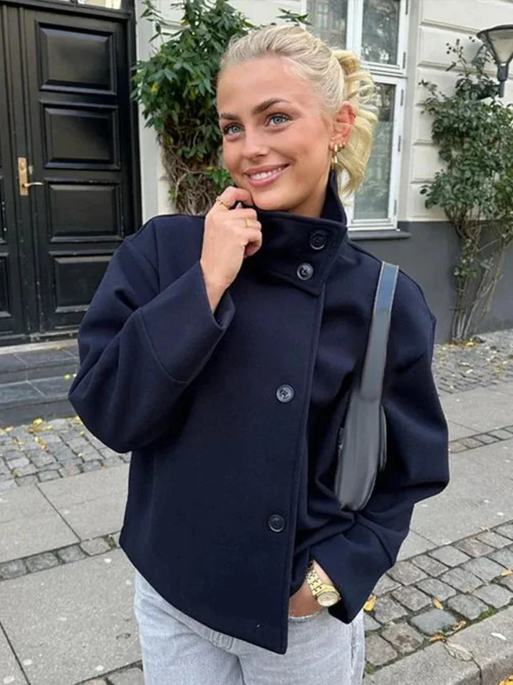 Womens High Neck Jacket with Button Front and Relaxed Fit