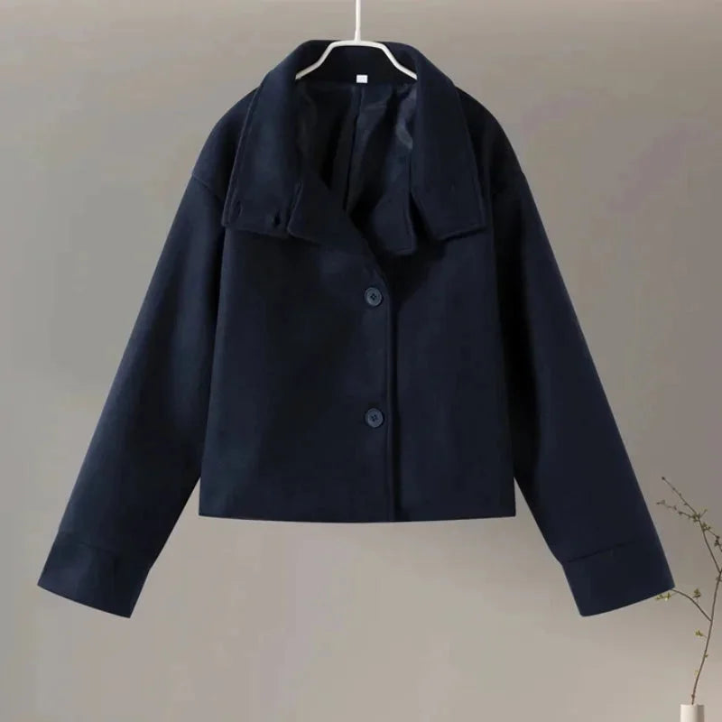 Womens High Neck Jacket with Button Front and Relaxed Fit