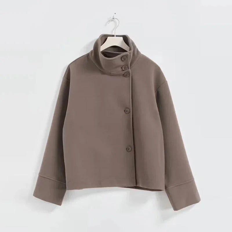 Womens High Neck Jacket with Button Front and Relaxed Fit