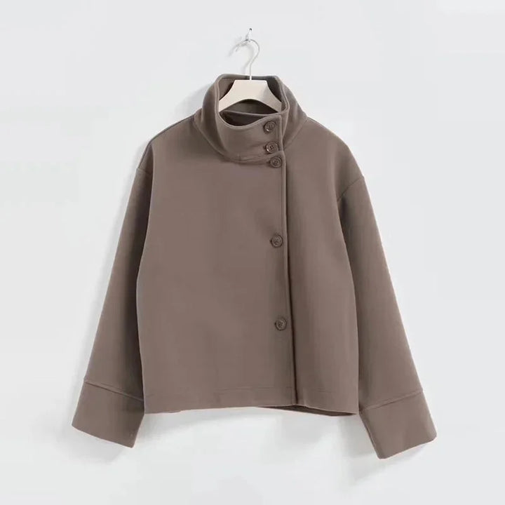 Womens High Neck Jacket with Button Front and Relaxed Fit