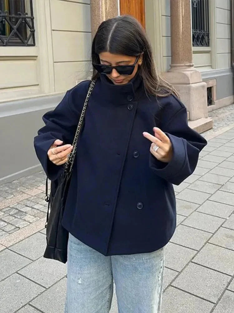 Womens High Neck Jacket with Button Front and Relaxed Fit