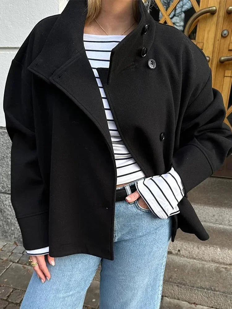 Womens High Neck Jacket with Button Front and Relaxed Fit