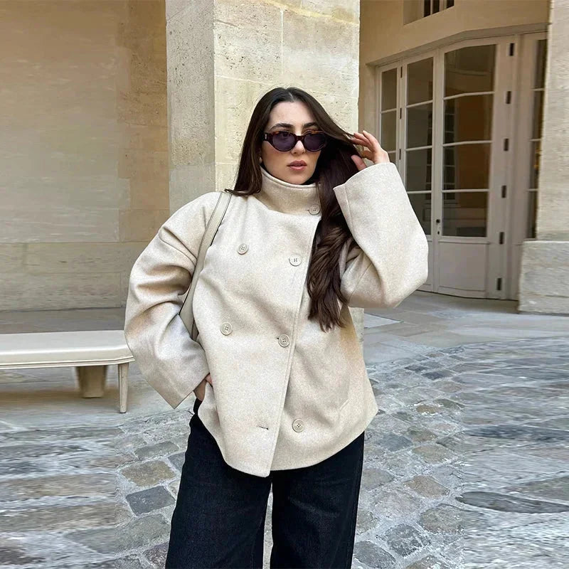 Womens High Neck Jacket with Button Front and Relaxed Fit