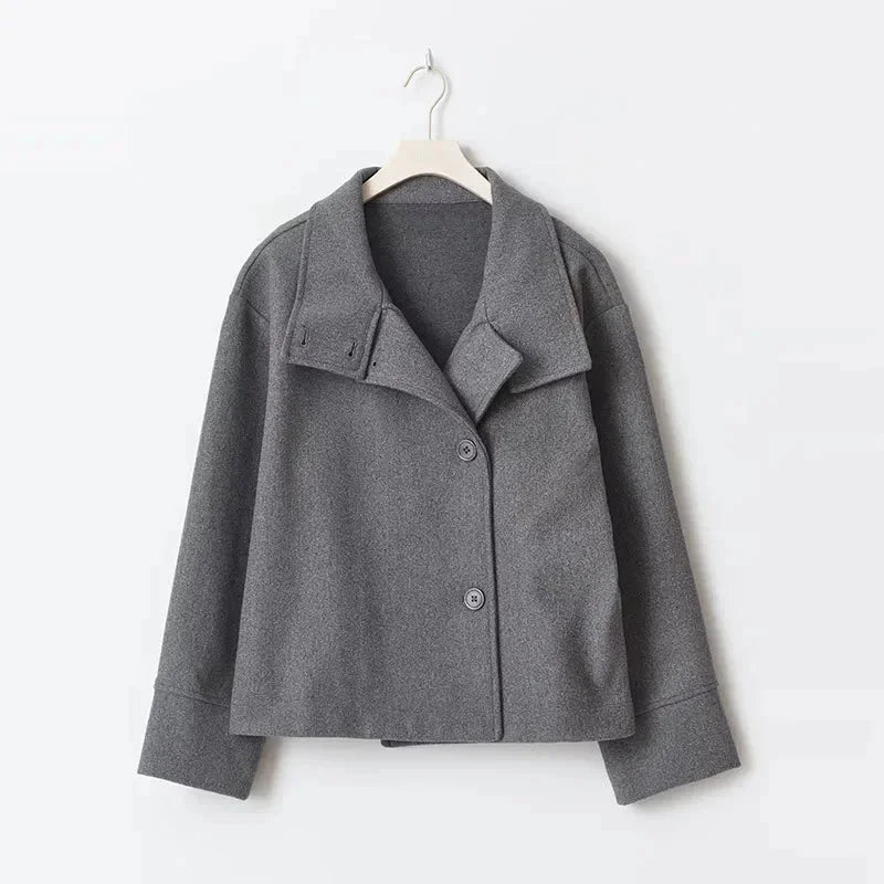 Womens High Neck Jacket with Button Front and Relaxed Fit
