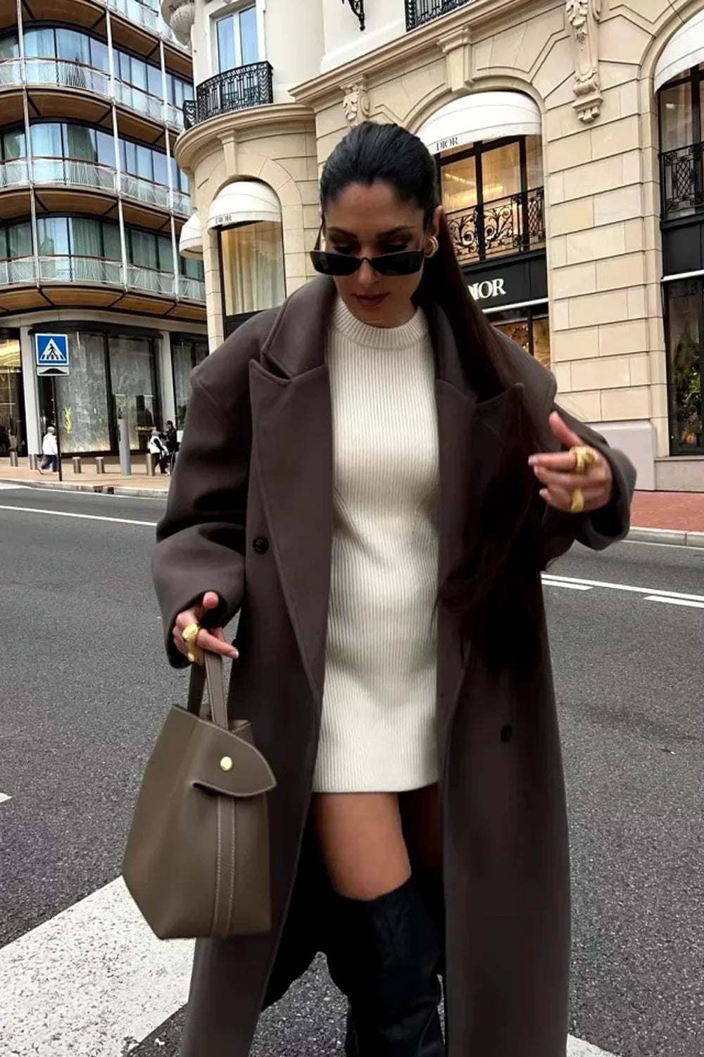 Women's Double Breasted Longline Coat with Notch Lapels and Relaxed Fit