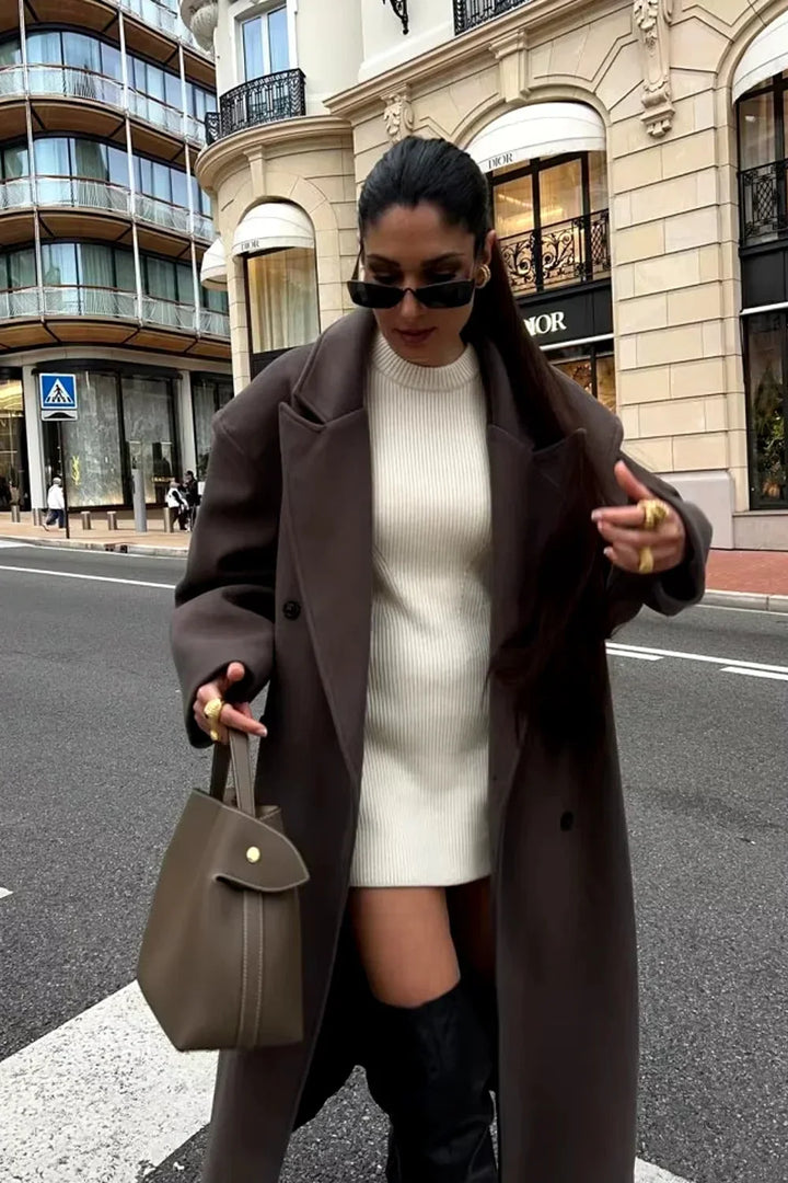 Women's Double Breasted Longline Coat with Notch Lapels and Relaxed Fit