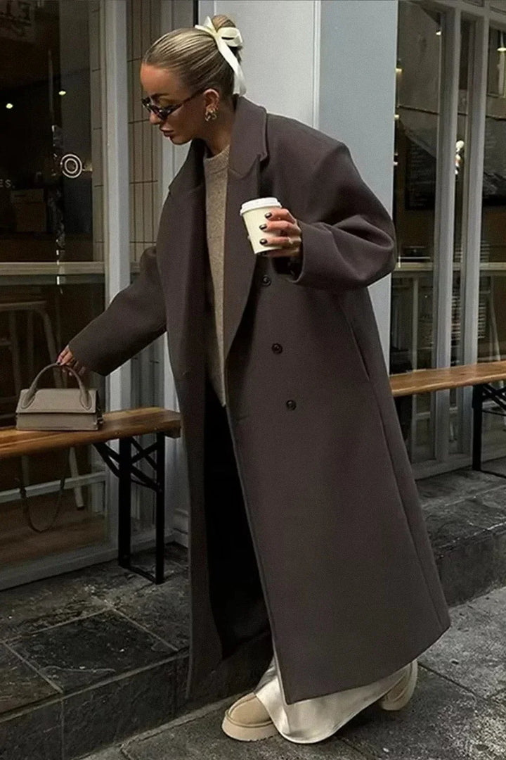 Women's Double Breasted Longline Coat with Notch Lapels and Relaxed Fit