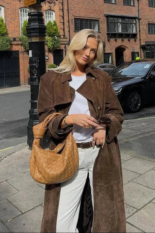 Women's Suede Trench Coat with Belted Waist and Notch Lapels