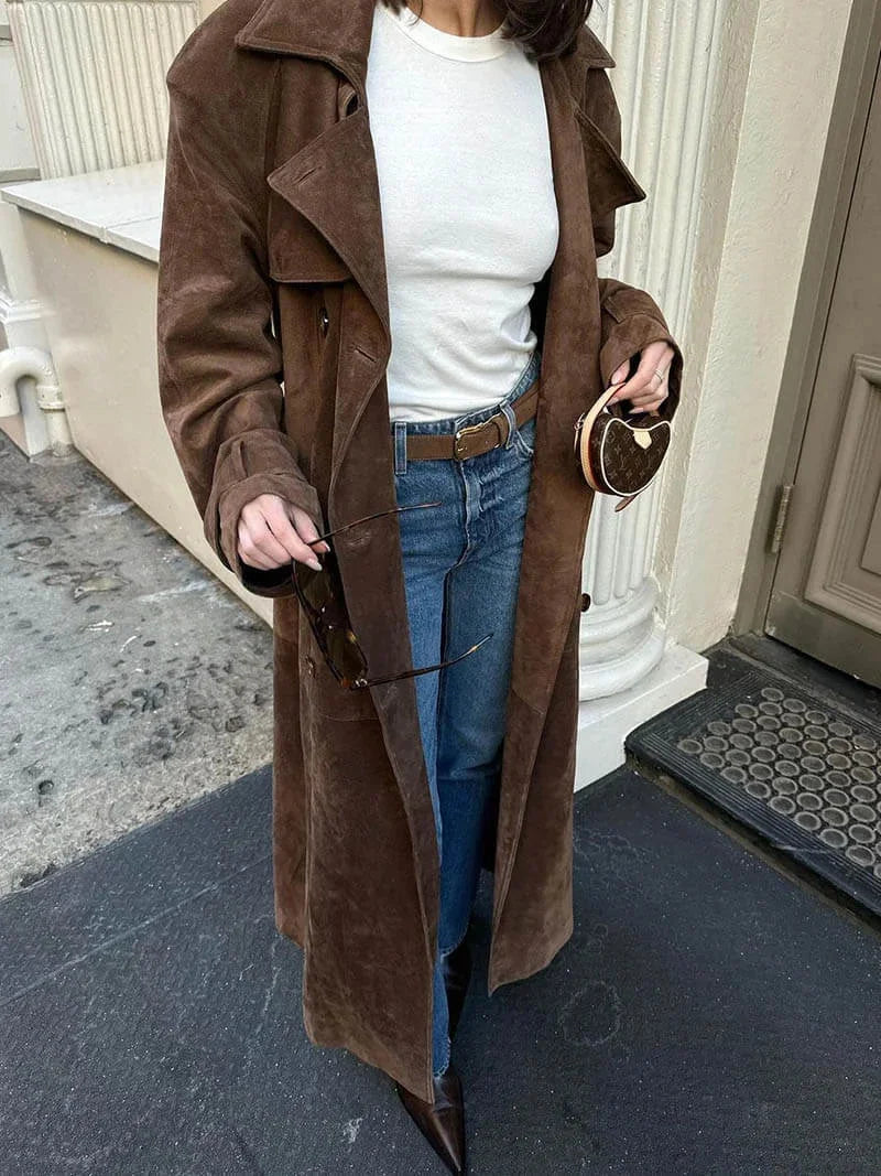 Women's Suede Trench Coat with Belted Waist and Notch Lapels