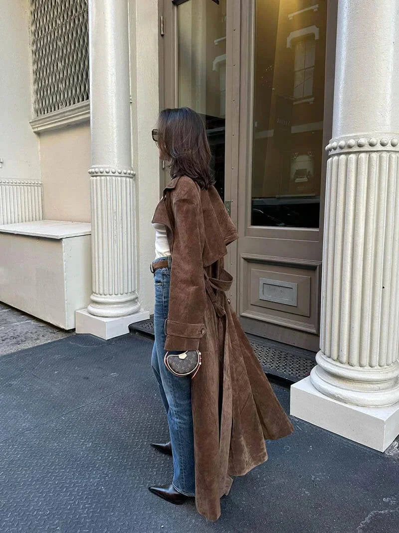 Women's Suede Trench Coat with Belted Waist and Notch Lapels