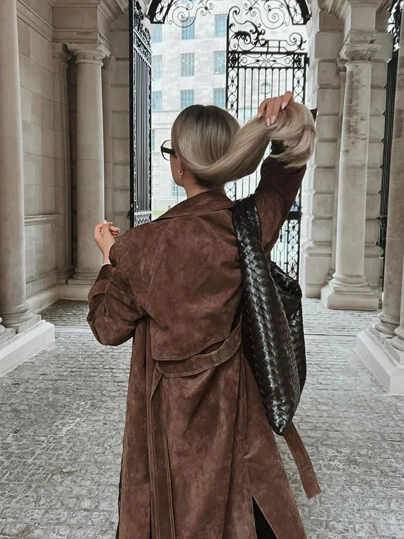Women's Suede Trench Coat with Belted Waist and Notch Lapels