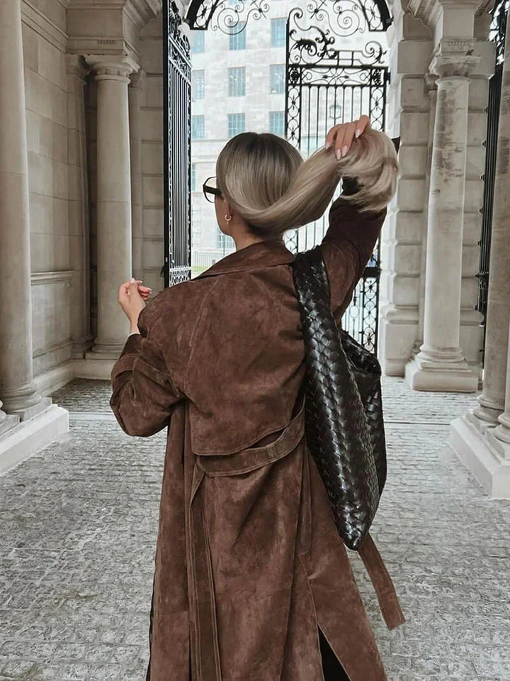 Women's Suede Trench Coat with Belted Waist and Notch Lapels