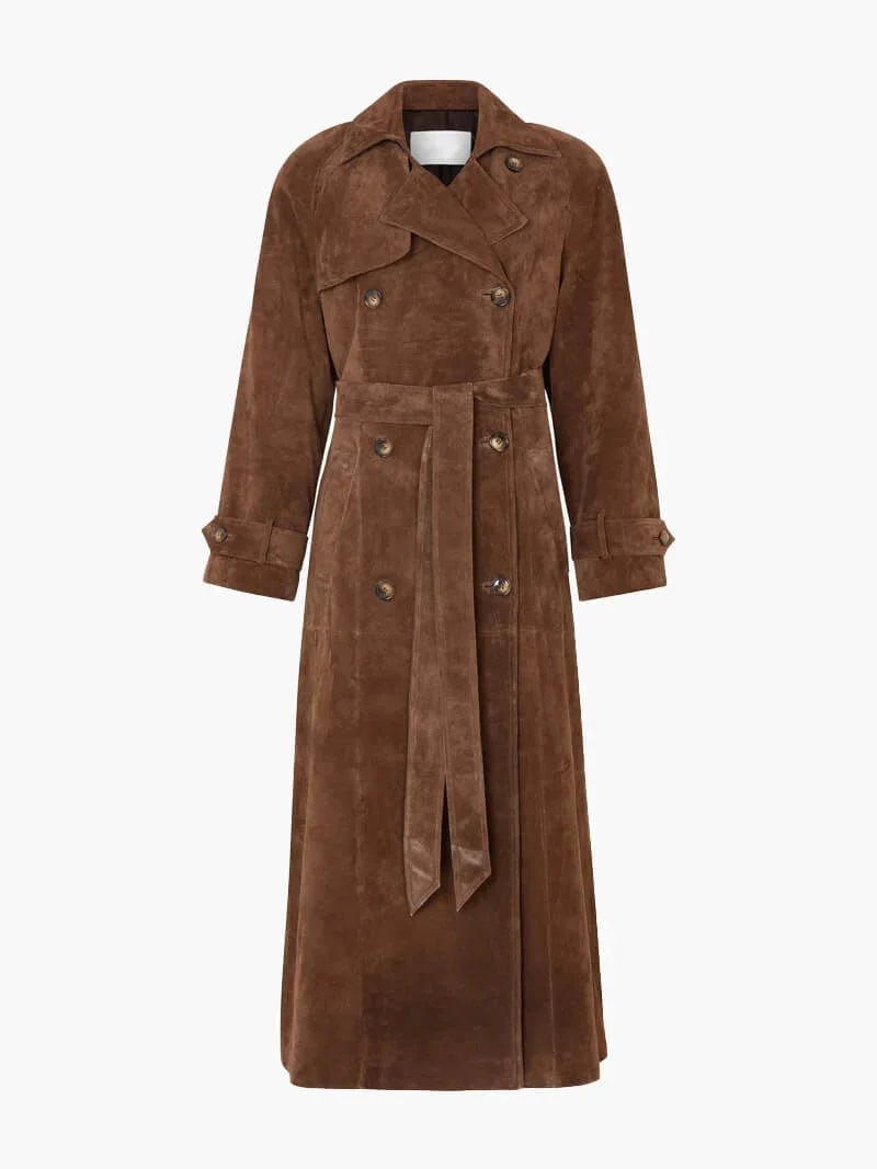 Women's Suede Trench Coat with Belted Waist and Notch Lapels