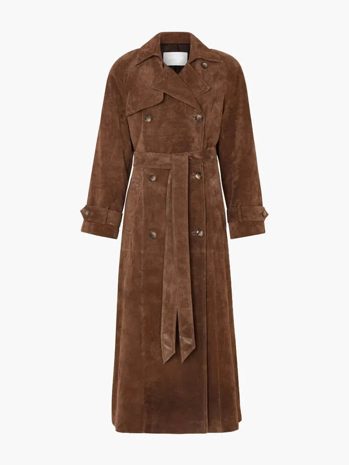 Women's Suede Trench Coat with Belted Waist and Notch Lapels
