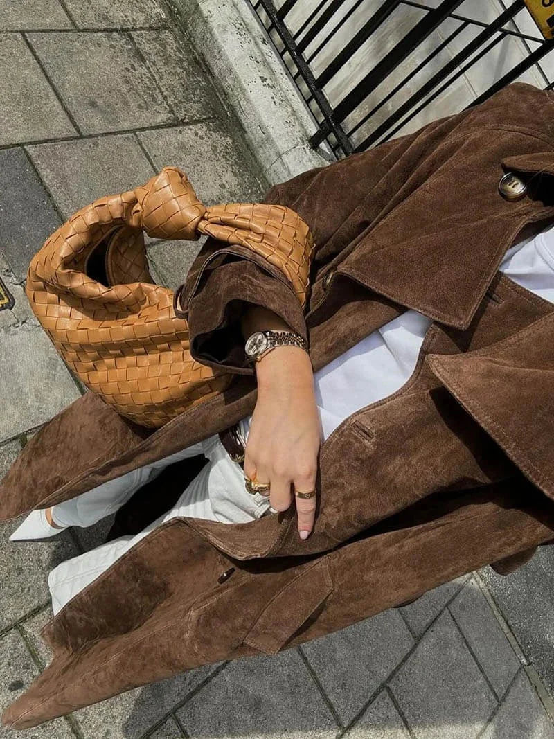Women's Suede Trench Coat with Belted Waist and Notch Lapels
