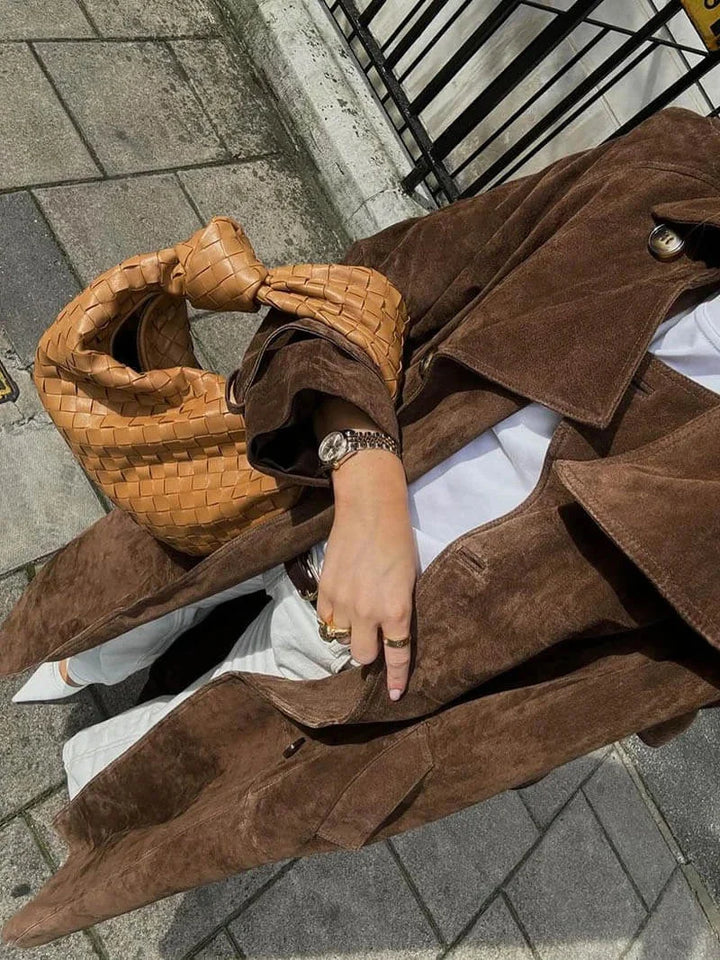 Women's Suede Trench Coat with Belted Waist and Notch Lapels