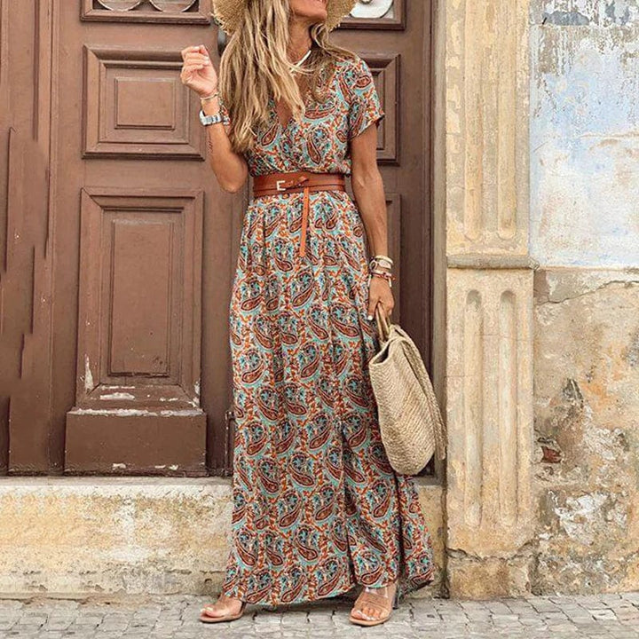 Maxi Dress Boho Paisley Pattern Belted Relaxed Fit