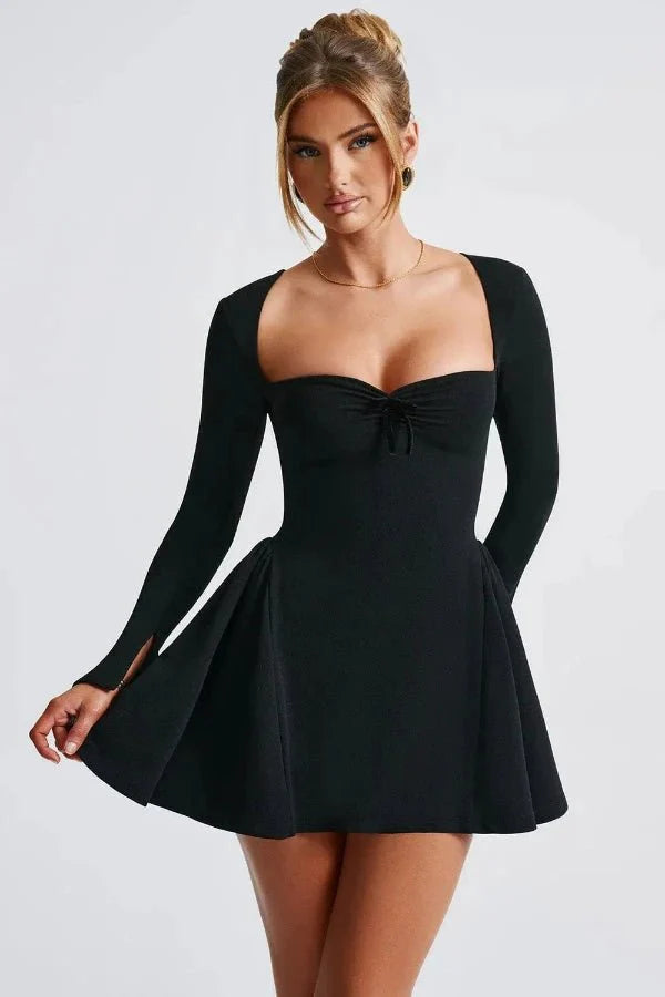 Mini Dress Sweetheart Neckline Long Sleeve Flared Skirt Elegant Fit