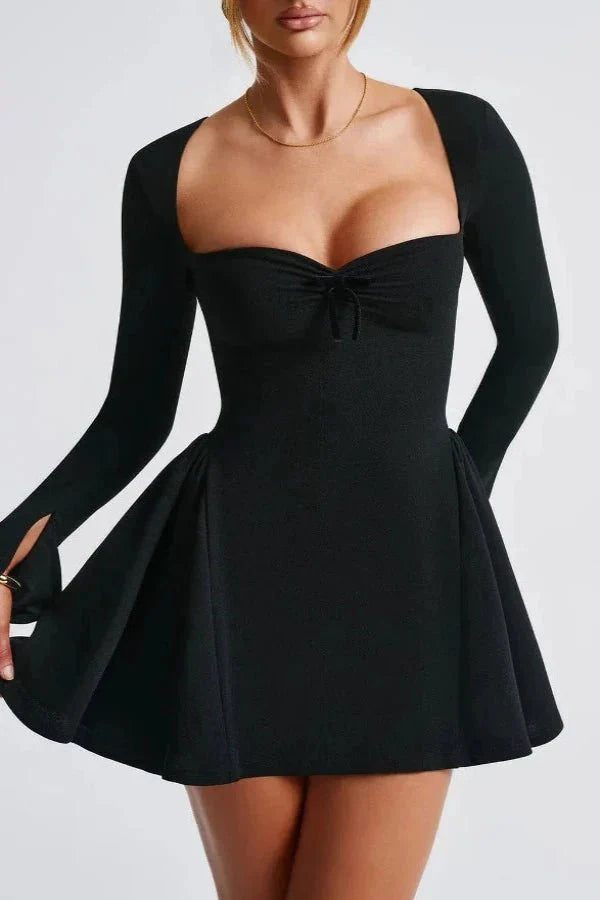 Mini Dress Sweetheart Neckline Long Sleeve Flared Skirt Elegant Fit