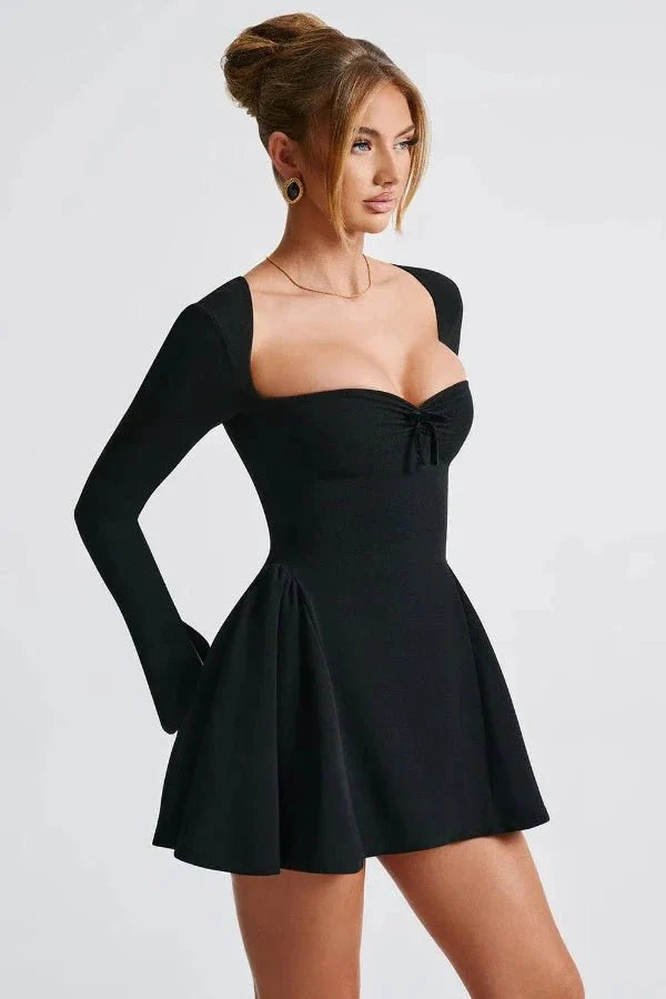 Mini Dress Sweetheart Neckline Long Sleeve Flared Skirt Elegant Fit