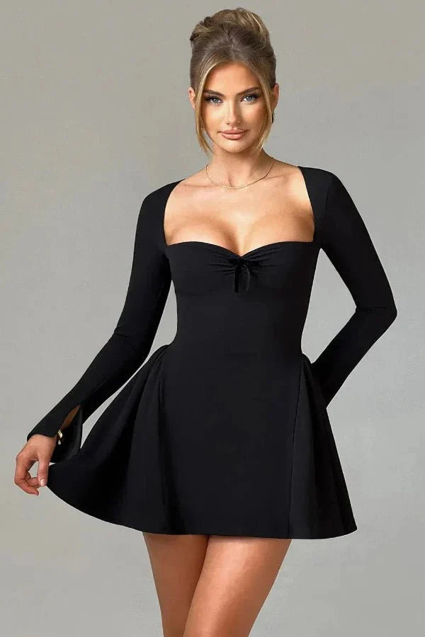 Mini Dress Sweetheart Neckline Long Sleeve Flared Skirt Elegant Fit