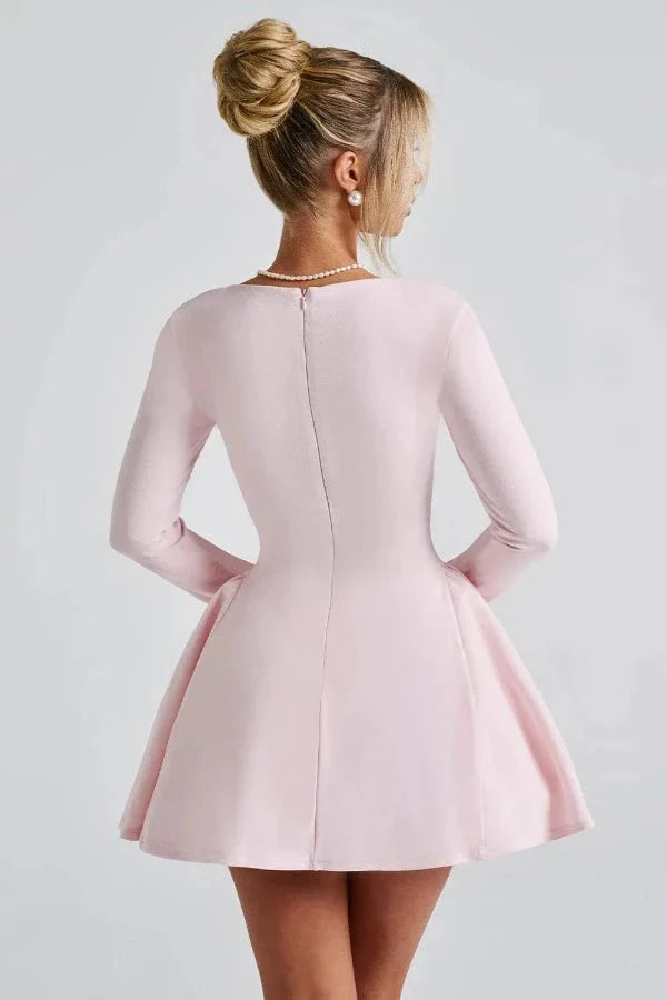 Mini Dress Sweetheart Neckline Long Sleeve Flared Skirt Elegant Fit