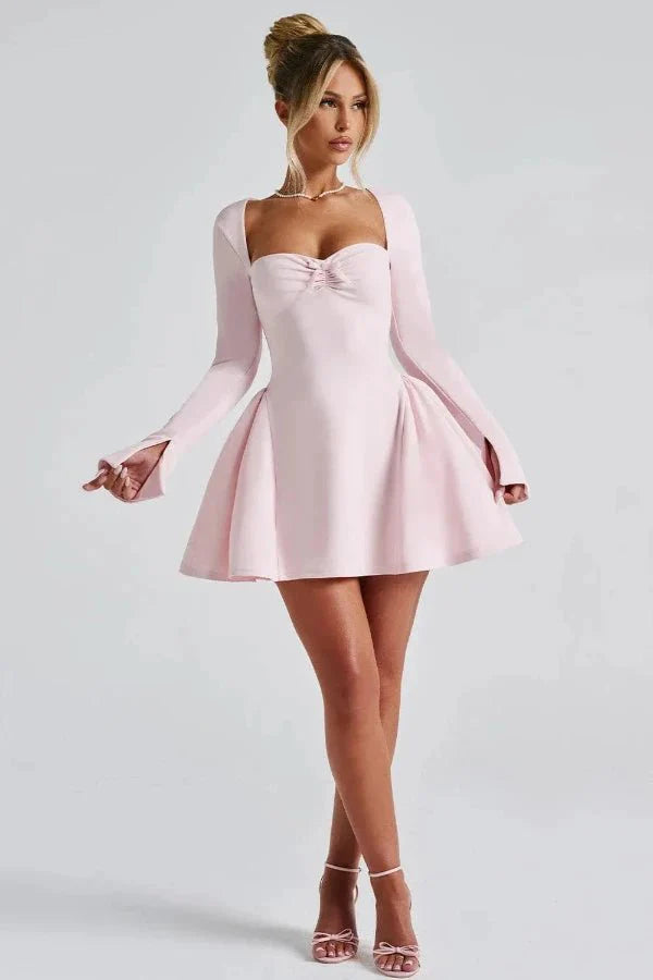 Mini Dress Sweetheart Neckline Long Sleeve Flared Skirt Elegant Fit