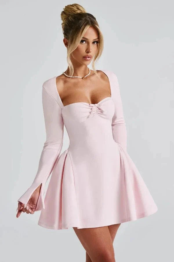 Mini Dress Sweetheart Neckline Long Sleeve Flared Skirt Elegant Fit