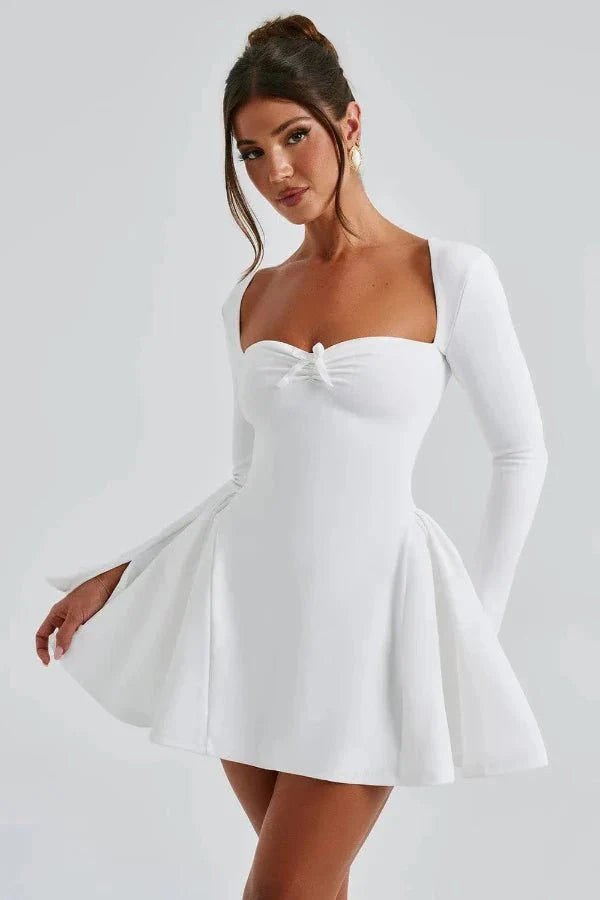 Mini Dress Sweetheart Neckline Long Sleeve Flared Skirt Elegant Fit
