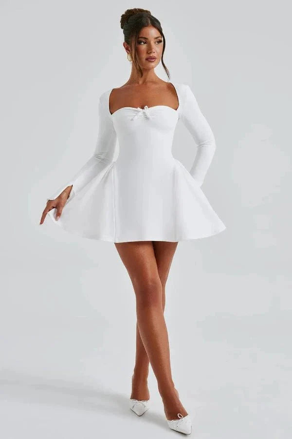 Mini Dress Sweetheart Neckline Long Sleeve Flared Skirt Elegant Fit