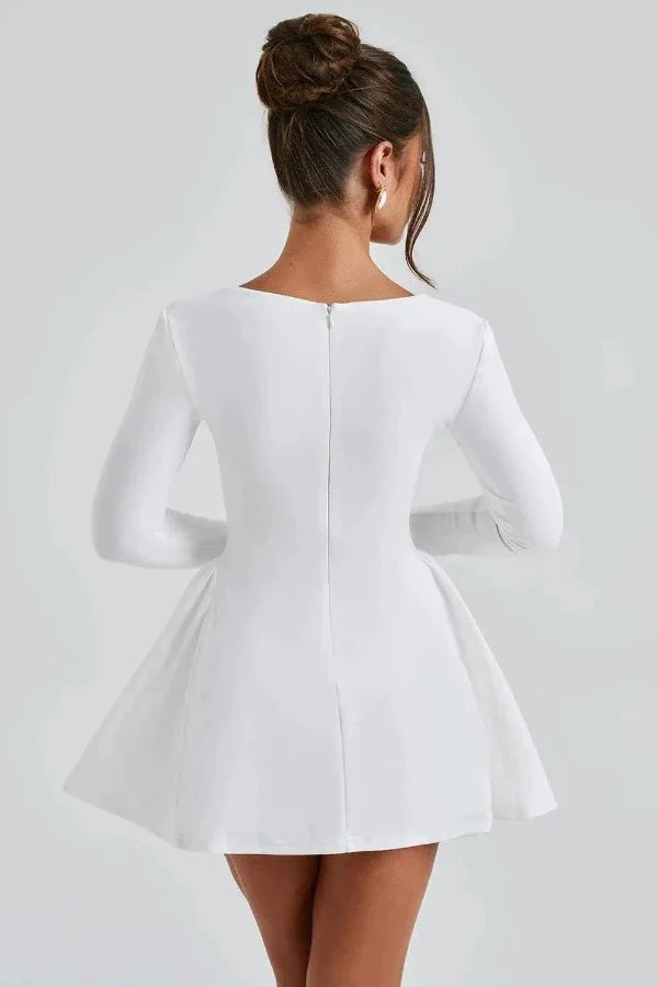 Mini Dress Sweetheart Neckline Long Sleeve Flared Skirt Elegant Fit