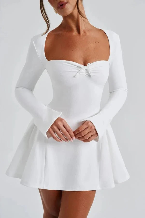 Mini Dress Sweetheart Neckline Long Sleeve Flared Skirt Elegant Fit