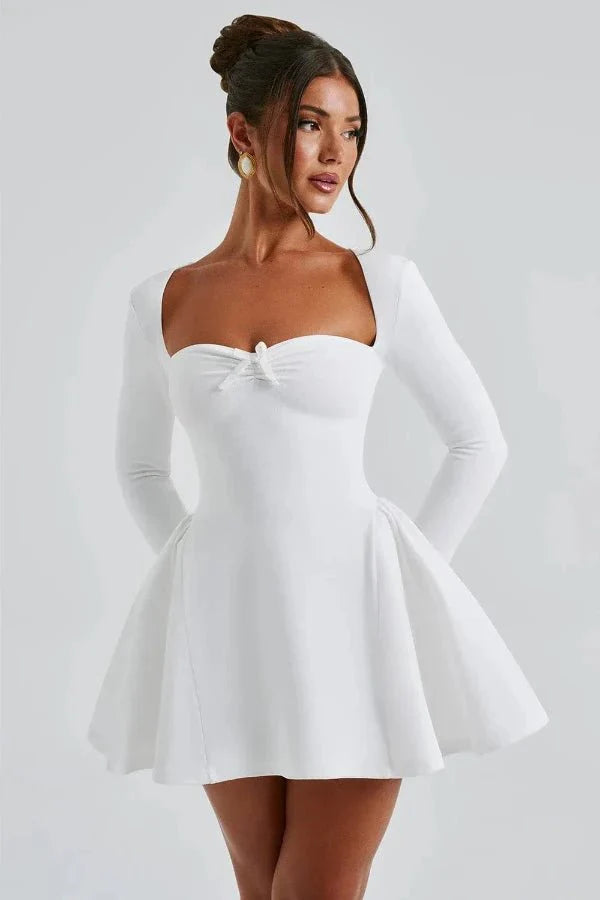 Mini Dress Sweetheart Neckline Long Sleeve Flared Skirt Elegant Fit