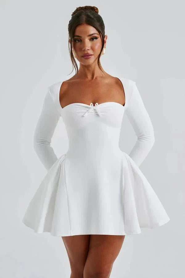 Mini Dress Sweetheart Neckline Long Sleeve Flared Skirt Elegant Fit