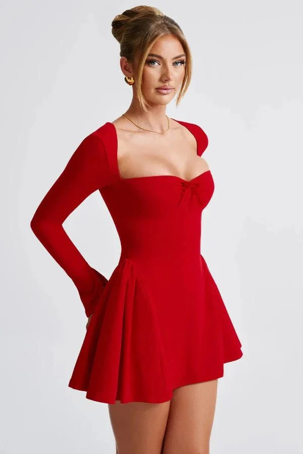 Mini Dress Sweetheart Neckline Long Sleeve Flared Skirt Elegant Fit