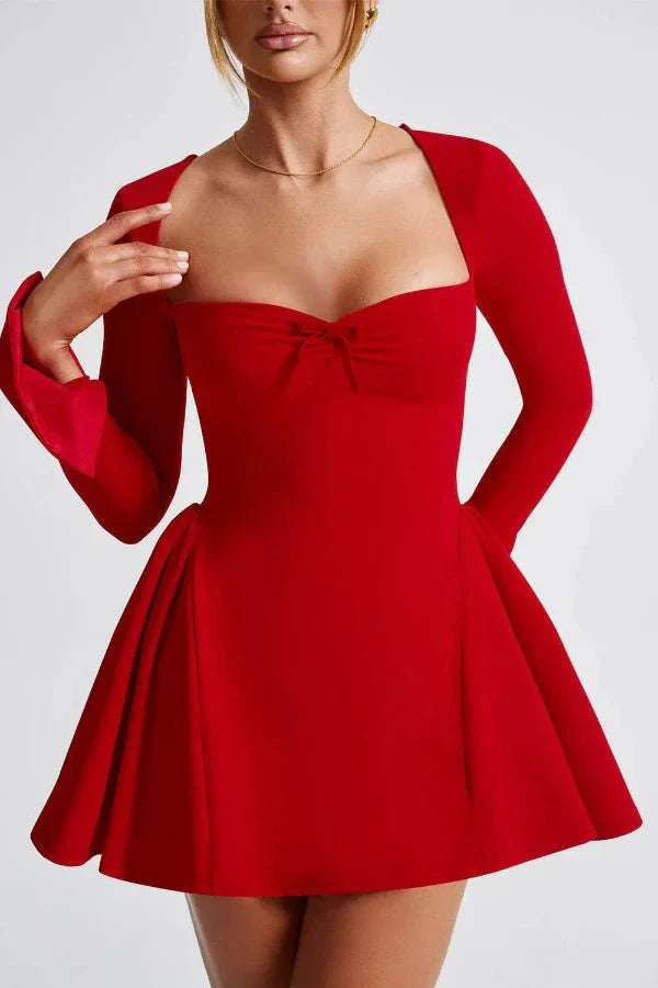 Mini Dress Sweetheart Neckline Long Sleeve Flared Skirt Elegant Fit