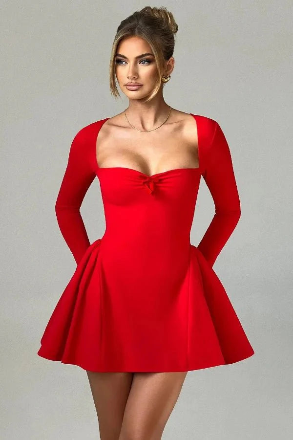 Mini Dress Sweetheart Neckline Long Sleeve Flared Skirt Elegant Fit