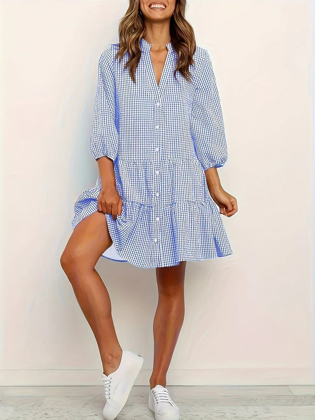 Checked Mini Dress with 3/4 Sleeves and Button Collar for Women