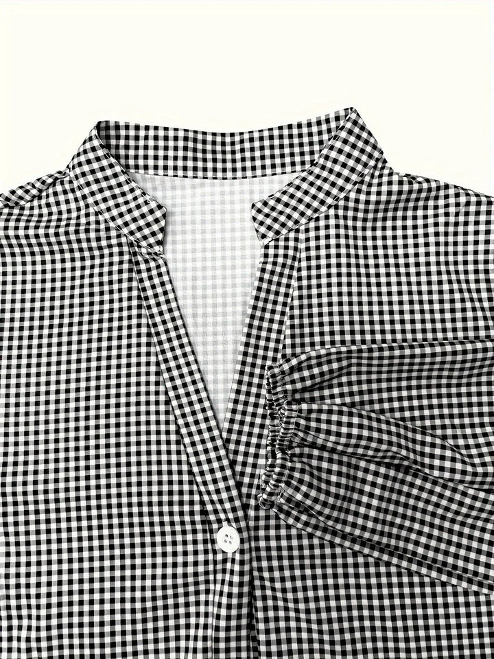 Checked Mini Dress with 3/4 Sleeves and Button Collar for Women