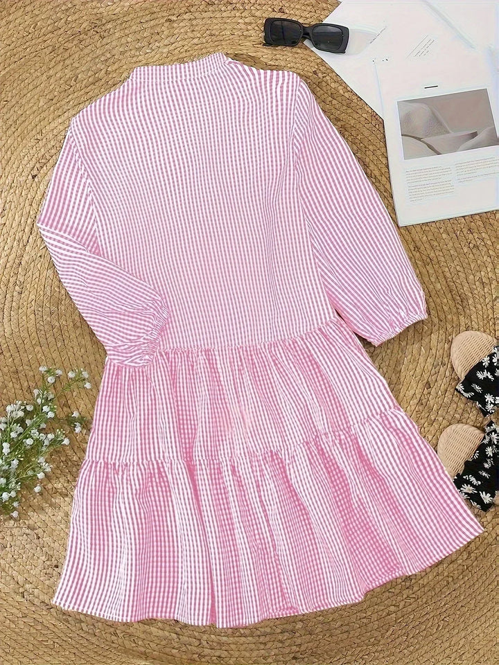 Checked Mini Dress with 3/4 Sleeves and Button Collar for Women