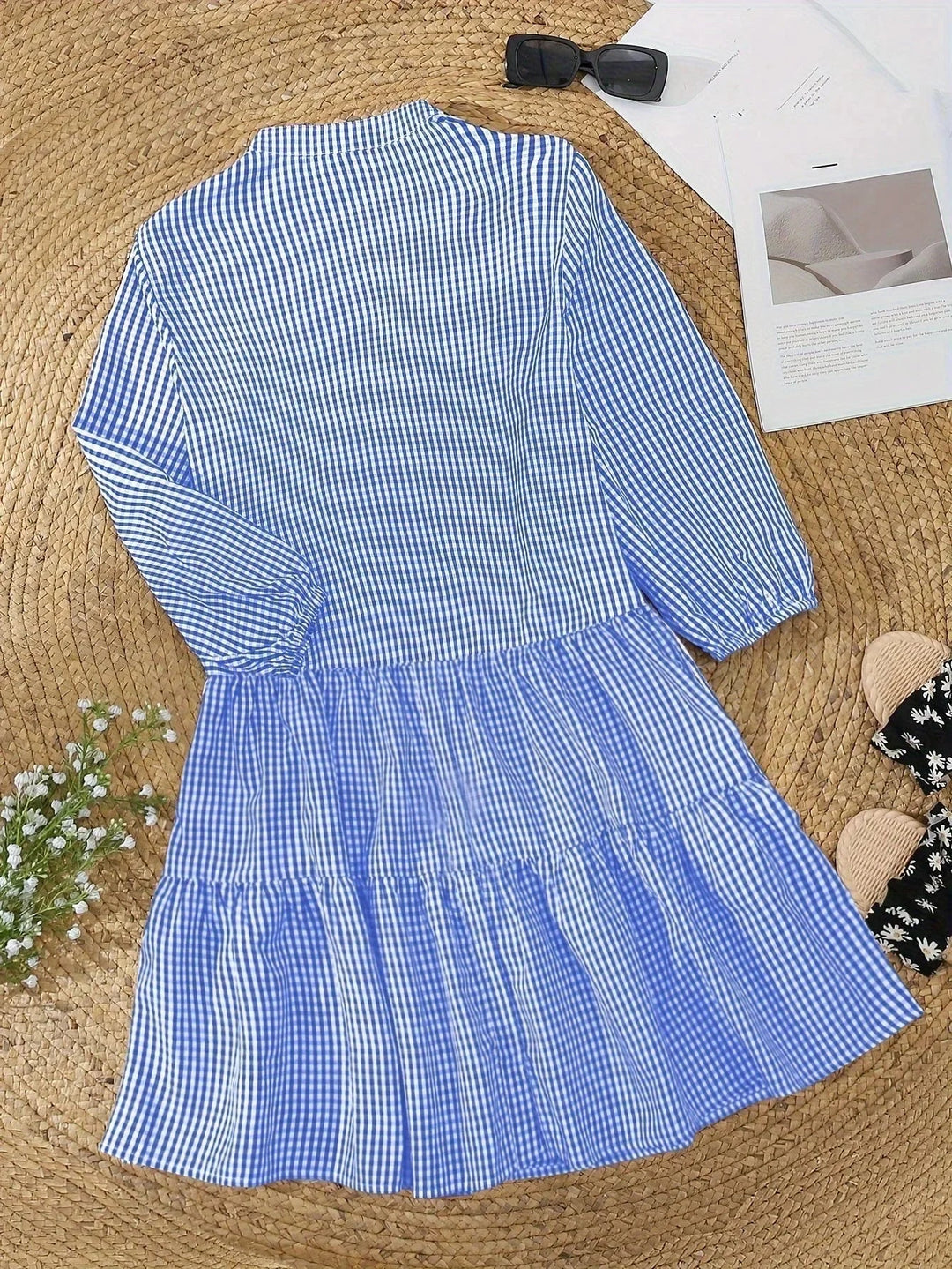 Checked Mini Dress with 3/4 Sleeves and Button Collar for Women