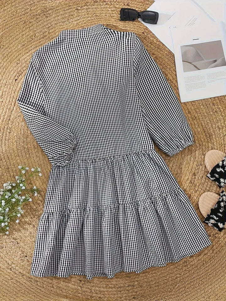 Checked Mini Dress with 3/4 Sleeves and Button Collar for Women
