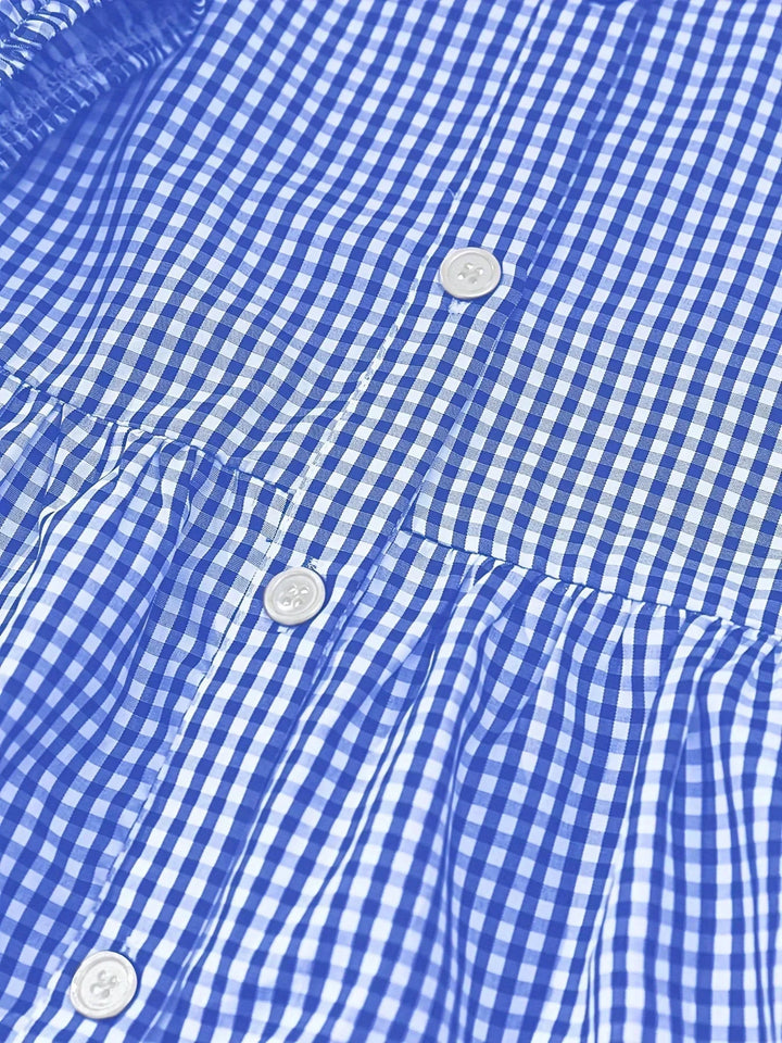Checked Mini Dress with 3/4 Sleeves and Button Collar for Women